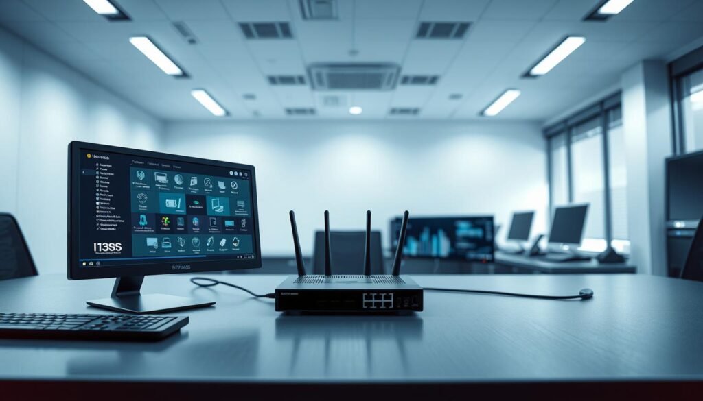 A modern office interior with a sleek, well-lit desk showcasing an array of connected devices. The foreground features a high-resolution monitor displaying a detailed network dashboard, with various device icons and connection statuses. In the middle ground, a compact router and network switch stand ready to manage the wireless and wired connections. The background softly fades into a minimalist, monochrome environment, highlighting the technological focus. The lighting is cool and professional, conveying a sense of control and security over the connected devices. The overall atmosphere evokes a tidy, organized, and technologically savvy workspace.
