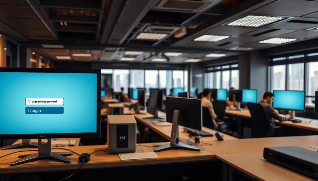 A modern office interior with rows of individual workstations, each with a desktop computer and a username/password login screen prominently displayed. Soft, indirect lighting casts a warm glow across the room, creating an atmosphere of productivity and security. In the foreground, a closeup of a single monitor showcases a generic login prompt, emphasizing the vulnerability of these accounts. The middle ground features various employees engrossed in their tasks, unaware of the potential risks. The background reveals a cityscape outside the office windows, suggesting the U.S. business context. The overall scene conveys a sense of targeted exposure, highlighting the need for heightened awareness and robust security measures.