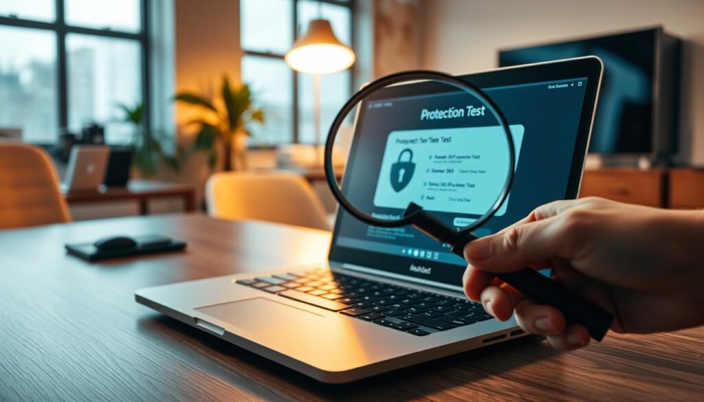 A modern office workspace with a laptop computer on a wooden desk. The laptop screen displays a "Protection Test" interface, showing security metrics and system status. In the foreground, a hand holding a magnifying glass inspects the laptop, symbolizing close scrutiny and independent validation. The lighting is warm and natural, with a sense of professionalism and attention to detail. The overall scene conveys a methodical, real-world approach to testing the effectiveness of antivirus software, as if part of a thorough, hands-on evaluation.
