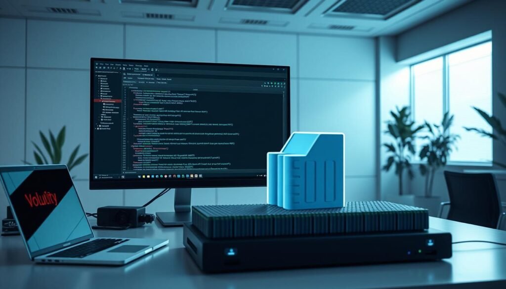 A modern office workspace with a large computer monitor displaying a Volatility framework window, showcasing memory forensic analysis. In the foreground, a laptop and various digital forensic tools are neatly arranged, suggesting a methodical, step-by-step workflow. The middle ground features a 3D model of a memory dump file, highlighting the data extraction process. The background depicts a minimalist, well-lit environment with clean lines and neutral tones, creating a professional, technology-driven atmosphere. Subtle blue and green hues convey a sense of focus and clarity, reflecting the analytical nature of the memory forensics task at hand. A modern office workspace with a large computer monitor displaying a Volatility framework window, showcasing memory forensic analysis. In the foreground, a laptop and various digital forensic tools are neatly arranged, suggesting a methodical, step-by-step workflow. The middle ground features a 3D model of a memory dump file, highlighting the data extraction process. The background depicts a minimalist, well-lit environment with clean lines and neutral tones, creating a professional, technology-driven atmosphere. Subtle blue and green hues convey a sense of focus and clarity, reflecting the analytical nature of the memory forensics task at hand.
