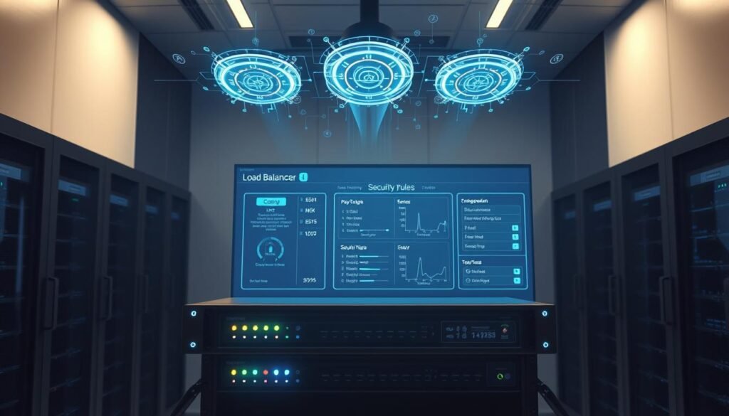 A modern server room with a sleek, minimalist design. In the foreground, a network rack houses a high-performance load balancer, its status lights blinking in a rhythmic pattern. Floating above the load balancer, a series of holographic health probes monitor the server's performance, displaying real-time metrics and connection details. In the middle ground, a large touchscreen display presents a clean, intuitive interface showcasing the load balancer's security rules and settings, all rendered in a cool, futuristic color palette. The background is bathed in a soft, indirect lighting, creating a sense of depth and professionalism. The overall scene conveys a sense of technological sophistication and robust security measures for the load balancer. A modern server room with a sleek, minimalist design. In the foreground, a network rack houses a high-performance load balancer, its status lights blinking in a rhythmic pattern. Floating above the load balancer, a series of holographic health probes monitor the server's performance, displaying real-time metrics and connection details. In the middle ground, a large touchscreen display presents a clean, intuitive interface showcasing the load balancer's security rules and settings, all rendered in a cool, futuristic color palette. The background is bathed in a soft, indirect lighting, creating a sense of depth and professionalism. The overall scene conveys a sense of technological sophistication and robust security measures for the load balancer.