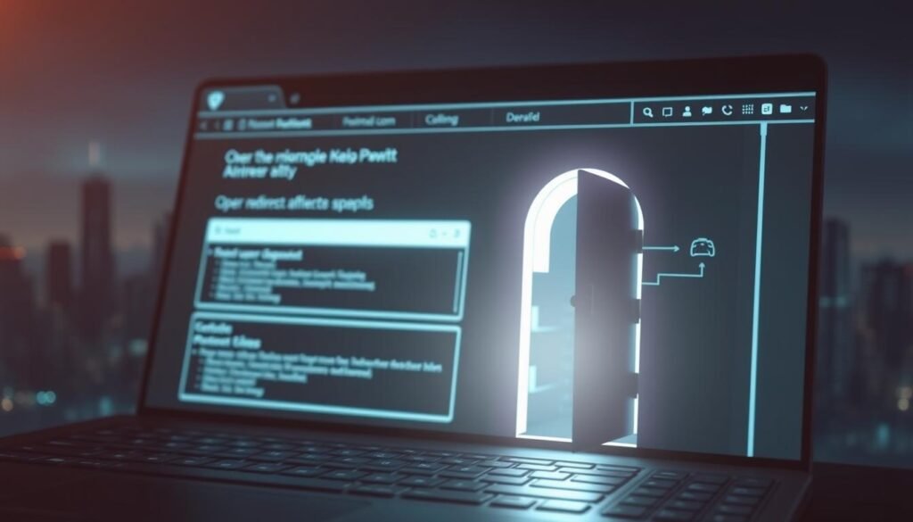 A modern web application with a prominent open-door icon in the foreground, symbolizing the vulnerable "open redirect" flaw. In the middle ground, a user interface with various input fields and buttons, hinting at the user interaction aspect. The background depicts a cityscape silhouette, conveying the ubiquity of this issue in today's interconnected digital landscape. Soft, diffused lighting creates an atmosphere of subtle unease, underscoring the potential dangers of open redirects. The composition emphasizes the focal point, drawing the viewer's attention to the core concept at hand.
