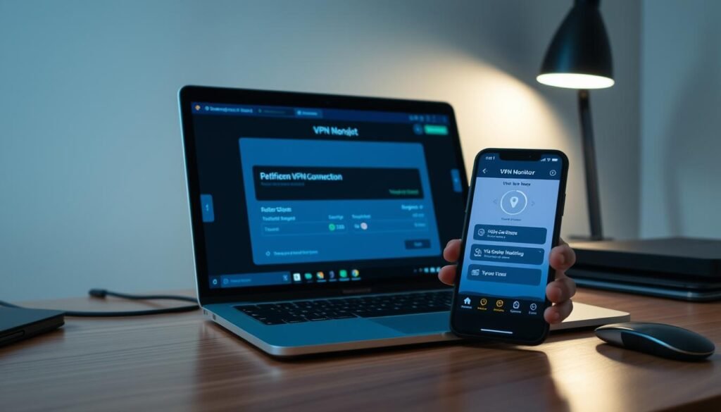 A modern, well-lit office desk with a laptop and smartphone. On the laptop screen, a VPN connection is being verified, with network statistics and security indicators displayed. The smartphone shows a VPN monitoring app, providing real-time updates on the VPN's performance and security status. The scene conveys a sense of professional attention to privacy and security, with the tools and interfaces designed for easy, intuitive access. Soft, directional lighting illuminates the workspace, creating a calm and focused atmosphere. The overall composition emphasizes the importance of consistently verifying and maintaining a secure VPN connection.