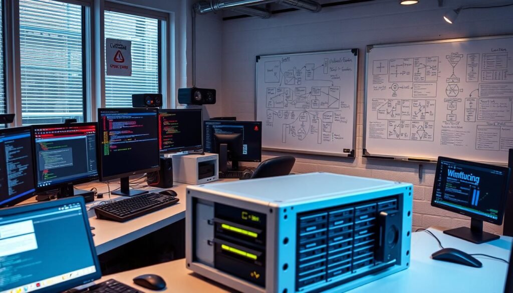 A modern, well-lit workspace featuring a desk with multiple computer screens, keyboards, and computer peripherals. In the foreground, various cybersecurity-related projects and platforms are displayed, including virtual machines, hacking tools, and coding environments. The middle ground showcases a 3D-printed model of a server rack, representing the infrastructure components. In the background, a large whiteboard displays diagrams, flowcharts, and notes, reflecting the planning and problem-solving aspects of cybersecurity work. The overall atmosphere is one of focus, productivity, and a sense of hands-on exploration and experimentation.