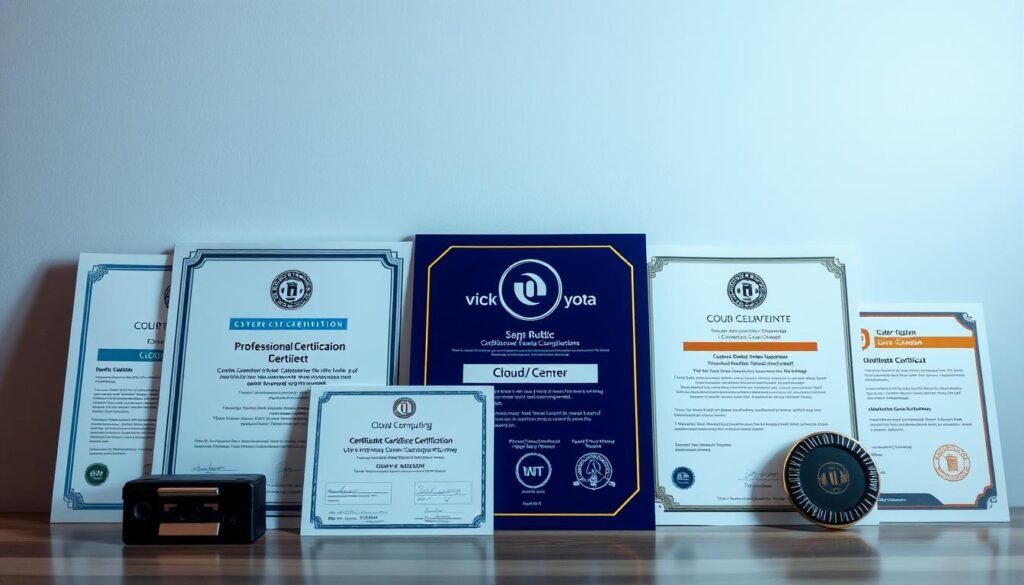 A neatly arranged assortment of professional certifications in the foreground, including cybersecurity, IT, and cloud computing qualifications. The certifications are presented against a clean, minimalist background with subtle lighting from the side, creating depth and highlighting the textures and details of the documents. The overall mood is one of accomplishment, professionalism, and the value these certifications hold in opening doors to new career opportunities.