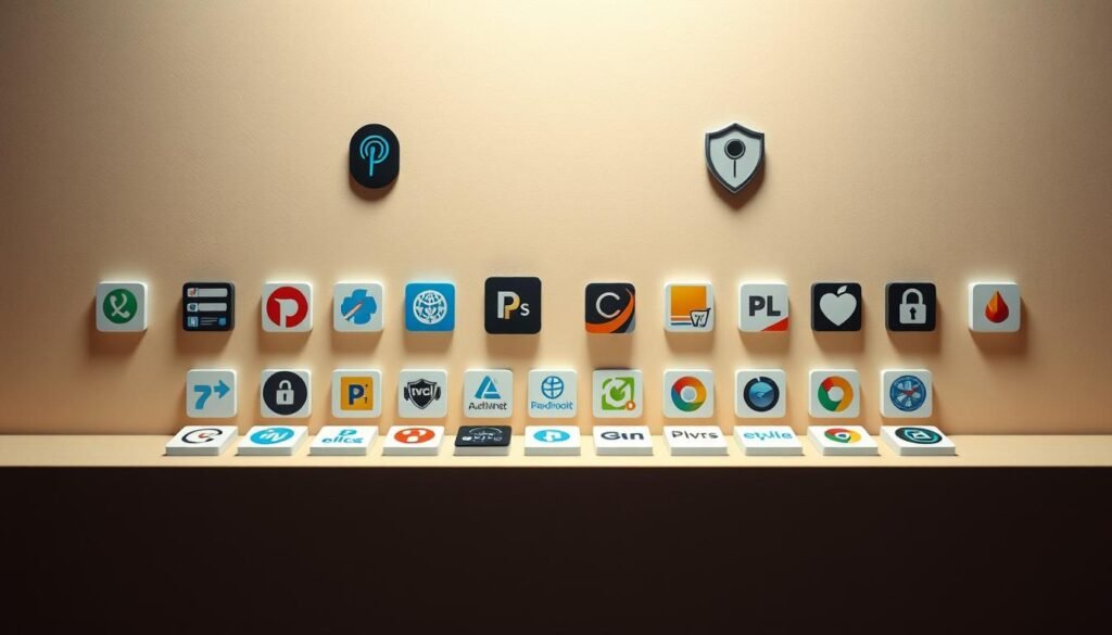 A neatly organized display of password manager icons and logos, showcased against a soft, minimalist background. The foreground features a variety of familiar password manager brands, each rendered with a clean, modern aesthetic and crisp, high-resolution details. The middle ground presents the managers in a grid layout, allowing for easy comparison and evaluation. The background is a subtly textured, neutral-toned surface, providing a calm and professional atmosphere. Warm, indirect lighting illuminates the scene, casting gentle shadows and highlights to accentuate the sleek, digital nature of the password management tools. The overall composition conveys a sense of trust, security, and technological sophistication suitable for a cryptographer's guide to offline password management.