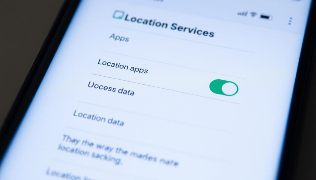 A neatly organized smartphone screen displaying the "Location Services" settings menu, with options to manage individual apps' access to location data. The interface is clean and intuitive, with clear labeling and toggle switches. The background is a soft, muted gradient, allowing the user interface to take center stage. The lighting is diffused and even, creating a sense of calm and focus. The camera angle is slightly elevated, giving a birds-eye view of the screen, emphasizing the user's control over their device's location settings. The overall mood is one of empowerment and privacy, reflecting the article's message of taking charge of location tracking.