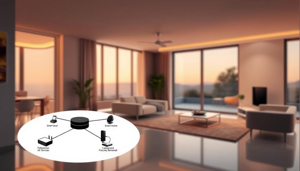 A network diagram depicting a smart home setup with various IoT devices connected to a central router. In the foreground, a high-contrast diagram shows the devices segmented into isolated network zones, each with its own firewall and security policies. The middle ground features a modern, minimalist smart home interior with sleek furniture and large windows, bathed in warm, diffused lighting. The background showcases a serene, blurred outdoor landscape, suggesting the home's connection to the wider world while maintaining a secure, contained network environment.