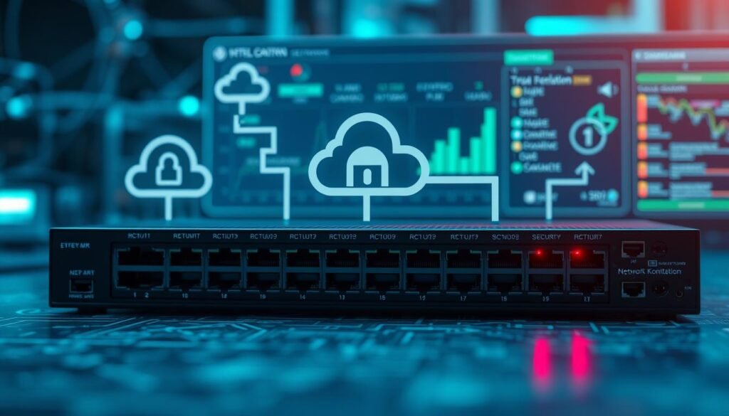 A network diagram showcasing core techniques for network segmentation. In the foreground, a network switch with different colored ports representing distinct network segments. In the middle ground, virtual firewalls and access control lists enforcing security policies across the segments. In the background, a cloud-based network monitoring dashboard visualizing traffic flows and security events. The scene is bathed in a cool, technical palette with subtle blue and green hues, conveying a sense of precision and control. The composition emphasizes the modular, layered approach to network segmentation, a powerful security strategy.
