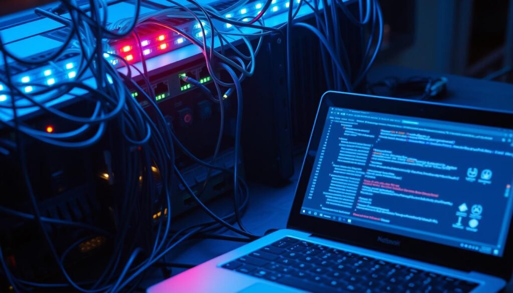 A network hub adorned with blinking lights, surrounded by a tangle of Ethernet cables. In the foreground, a laptop screen displays a packet sniffer interface, revealing the flow of data packets traveling across the network. The scene is bathed in a cool, blue-tinted lighting, conveying a sense of technical precision and the unseen dangers of network eavesdropping. The angle is slightly elevated, giving the viewer a bird's-eye perspective on the unfolding scene, emphasizing the complexity and interconnectedness of modern digital infrastructure. The atmosphere is one of cautious intrigue, hinting at the potential vulnerabilities that lurk beneath the surface of seemingly secure networks.