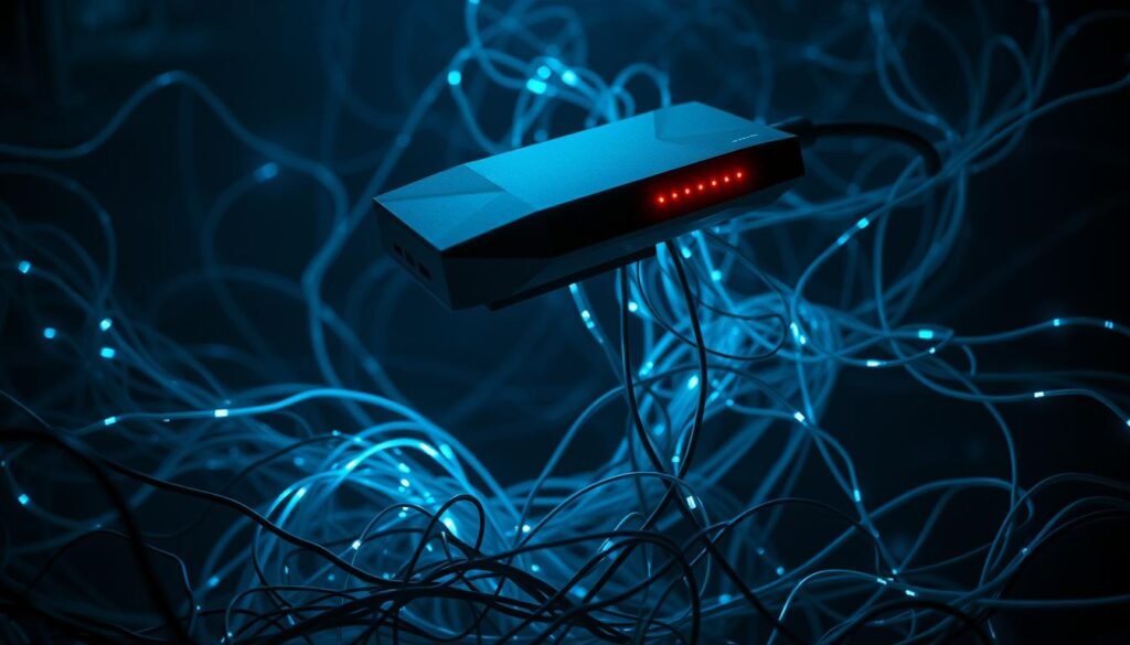 A network sniffer hovers above a complex web of digital cables, glowing with an eerie blue luminescence. Wispy tendrils of data streams intertwine, creating a mesmerizing tapestry of information flow. The sniffer's sleek, angular design blends seamlessly with the technological landscape, its red indicator lights pulsing with a sense of ominous intent. The scene is bathed in a chiaroscuro of shadows and highlights, creating a moody, atmospheric ambiance that evokes the clandestine nature of network surveillance. The overall composition emphasizes the vulnerability of the digital realm, hinting at the need for vigilance and security measures to protect sensitive data.