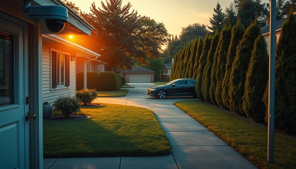 A peaceful suburban neighborhood, bathed in the warm glow of a setting sun. In the foreground, a single-story house with a neatly manicured lawn and a welcoming porch. The front door is secured with a high-quality deadbolt lock, and the windows are adorned with sturdy, tinted glass. A surveillance camera discreetly watches over the entrance, its lens gleaming in the fading light. Moving to the middle ground, a well-lit pathway leads to the driveway, where a late-model sedan is parked. The car's doors are locked, and a subtle car alarm system is armed, ready to deter any unwelcome visitors. Tall, lush shrubs line the perimeter of the property, creating a natural barrier and adding to the sense of privacy and security. In the background, a row of mature trees sways gently in the evening breeze, their branches casting long shadows across the lawn. The neighborhood is quiet, with only the occasional passing of a car or the chirping of birds to be heard. This scene conveys a feeling of safety, comfort, and the