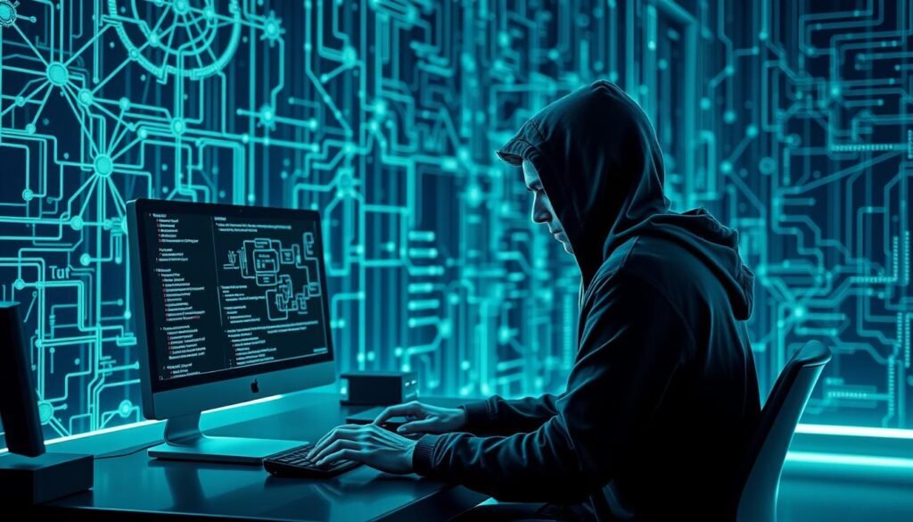 A penetration tester, clad in a dark hoodie, sits at a sleek, futuristic workstation, intently studying a holographic display of network diagrams and code snippets. The workspace is bathed in a cool, blue-green glow, creating an atmosphere of focus and concentration. In the background, a matrix of interconnected nodes and data streams visualizes the complex digital landscape the tester navigates. The scene conveys the depth of technical expertise, analytical precision, and strategic thinking required to identify and exploit vulnerabilities, ultimately safeguarding critical systems and data. A penetration tester, clad in a dark hoodie, sits at a sleek, futuristic workstation, intently studying a holographic display of network diagrams and code snippets. The workspace is bathed in a cool, blue-green glow, creating an atmosphere of focus and concentration. In the background, a matrix of interconnected nodes and data streams visualizes the complex digital landscape the tester navigates. The scene conveys the depth of technical expertise, analytical precision, and strategic thinking required to identify and exploit vulnerabilities, ultimately safeguarding critical systems and data.