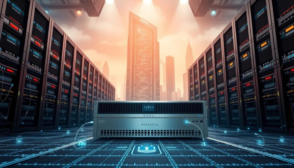 A perimeter network protection load balancer standing resolute, its sleek metal chassis gleaming under crisp, directional lighting. Elegant yet imposing, it occupies the foreground, surrounded by a grid of network cables and cybersecurity icons in the middle ground. In the background, a towering server rack and a stylized digital cityscape convey the weight of enterprise-level infrastructure and the importance of robust perimeter security. The scene exudes a sense of technical sophistication and unwavering protection, perfectly capturing the essence of "Perimeter hardening and network security controls". A perimeter network protection load balancer standing resolute, its sleek metal chassis gleaming under crisp, directional lighting. Elegant yet imposing, it occupies the foreground, surrounded by a grid of network cables and cybersecurity icons in the middle ground. In the background, a towering server rack and a stylized digital cityscape convey the weight of enterprise-level infrastructure and the importance of robust perimeter security. The scene exudes a sense of technical sophistication and unwavering protection, perfectly capturing the essence of "Perimeter hardening and network security controls".