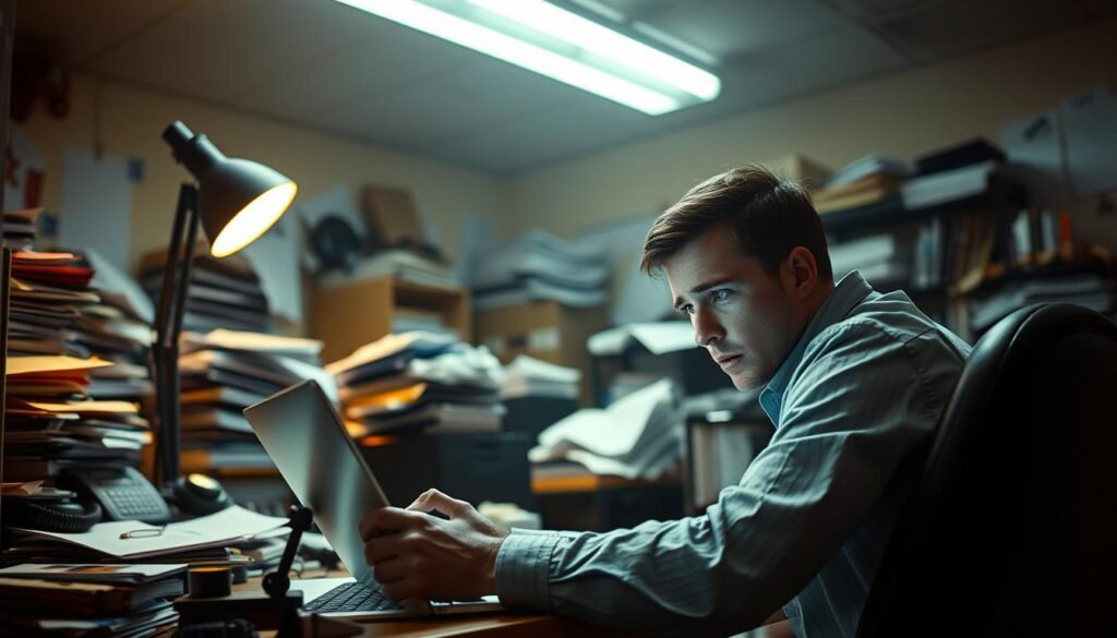 A person sitting at a desk, intently examining a laptop screen, with a look of concern on their face. The background is a cluttered office environment, with piles of documents, a phone, and various office supplies visible. The lighting is a mix of warm desk lamp and cool overhead fluorescent, creating a sense of urgency and tension. The camera angle is slightly angled from above, giving a sense of the person's overwhelming situation. The mood is one of alarm and the need for immediate action.