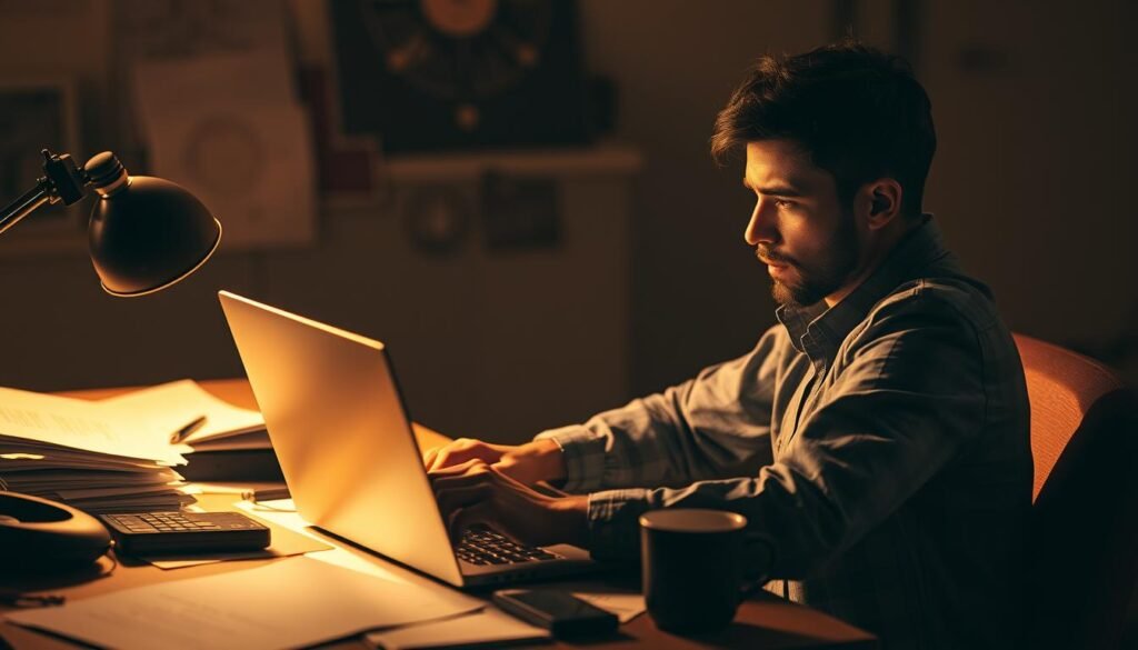 A person sitting at a desk, intently focused on a laptop screen, with an expression of concern and determination. The desk is cluttered with papers, a phone, and a cup of coffee, suggesting the urgency of the situation. The lighting is warm and directional, casting dramatic shadows that convey the gravity of the task at hand. The background is blurred, keeping the focus on the central figure as they navigate the process of regaining control of their email account. The overall mood is one of resolve and problem-solving in the face of a digital security breach.