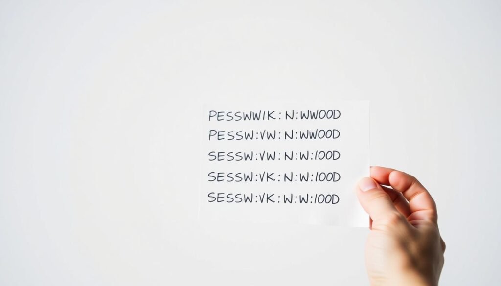 A person's hand holding a list of passwords, each one identical, against a stark white backdrop. The hand is positioned in the foreground, casting a soft shadow. In the middle ground, the passwords are scrawled in a haphazard manner, highlighting the risky practice of reusing the same credentials across accounts. The background is devoid of distractions, placing the focus squarely on the dangerous behavior being depicted. The lighting is natural and diffused, creating a sense of simplicity and clarity. The overall mood is one of concern, emphasizing the vulnerability inherent in this common cybersecurity mistake. A person's hand holding a list of passwords, each one identical, against a stark white backdrop. The hand is positioned in the foreground, casting a soft shadow. In the middle ground, the passwords are scrawled in a haphazard manner, highlighting the risky practice of reusing the same credentials across accounts. The background is devoid of distractions, placing the focus squarely on the dangerous behavior being depicted. The lighting is natural and diffused, creating a sense of simplicity and clarity. The overall mood is one of concern, emphasizing the vulnerability inherent in this common cybersecurity mistake.