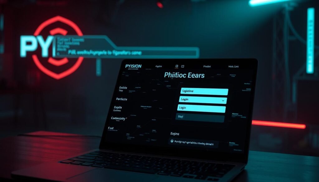 A phishing attack on a legitimate domain, featuring a foreground of a malicious login page masquerading as a real website, with a middle ground of a deceived user entering their credentials, and a background of the targeted domain's logo and branding. The scene is lit by a harsh, neon-tinted lighting, creating an ominous and unsettling atmosphere. The overall composition is designed to convey the dangerous real-world impact of open redirect vulnerabilities being exploited for phishing campaigns.