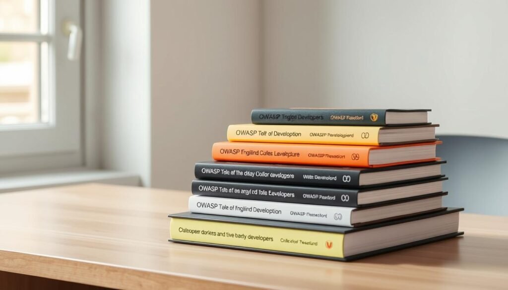 A plain-English guide to the OWASP Top 10 for developers, presented in a clean, minimalist style. A stack of modern books, their spines displaying the OWASP logo, sits atop a plain, wooden desk. Soft, natural lighting filters in through a window, casting a warm glow on the scene. The books are arranged in an inviting, accessible manner, conveying the approachable nature of the content. The overall atmosphere is one of clarity, simplicity, and a focus on the practical application of web security best practices.