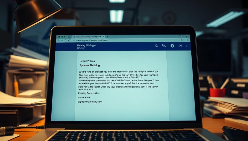 A poorly designed phishing email with glaring grammatical errors and suspicious sender information. The email is displayed on a laptop screen against a cluttered office desk, with office supplies and a messy workspace in the background. The screen is illuminated by harsh, unflattering overhead lighting, creating shadows and highlighting the amateurish layout of the email. The overall impression is one of haphazardness and lack of attention to detail, reinforcing the idea that phishing scams are often easy to detect due to their sloppy execution.