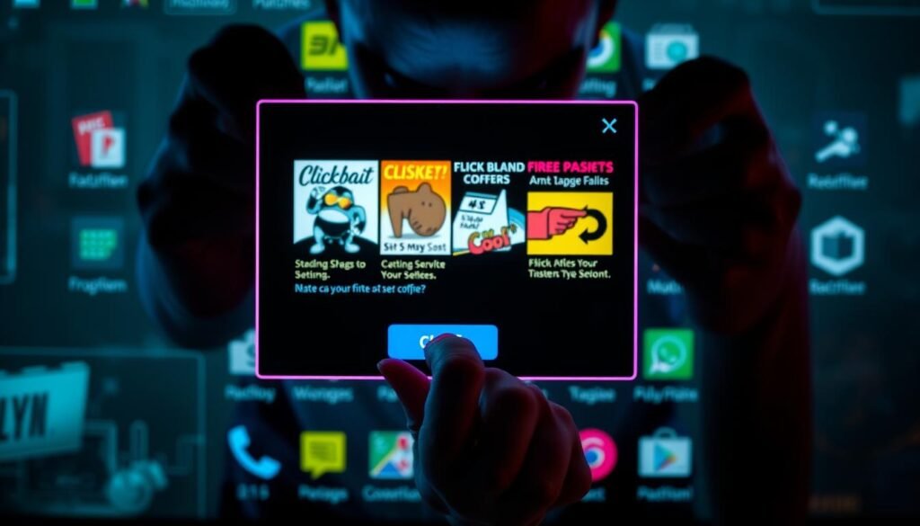 A pop-up window fills the foreground, its bright, garish colors and flashy animation catching the eye. The window features various clickbait-style ads, with exaggerated promises and enticing graphics designed to lure the user. In the middle ground, a distracted user's hand hovers over the "Close" button, hesitating as the temptation of the offers pulls their attention. The background depicts a generic Android device interface, with app icons and system UI elements, suggesting the intrusive nature of these unwanted advertisements on a mobile device. Dramatic lighting casts dramatic shadows, creating a sense of unease and the feeling of being trapped. The overall mood is one of frustration and the sense of a device being hijacked by deceptive, aggressive marketing tactics.