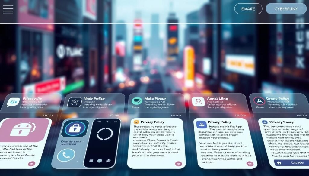 A pristine and well-lit app store interface, showcasing a collection of privacy-focused mobile applications. The foreground features prominent app icons and intuitive controls, conveying a sense of transparency and user control. The middle ground displays detailed app descriptions and privacy policy information, inviting the user to thoroughly vet each offering. In the background, a blurred yet vibrant cityscape symbolizes the ubiquity of mobile technology and the importance of safeguarding personal data. The overall atmosphere exudes a balance of modernity, security, and empowerment, guiding the user towards making informed decisions about their digital privacy.