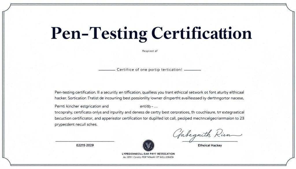 A professional and authoritative-looking certification document with the title "Pen-Testing Certification" prominently displayed. The document has a clean, modern design with a sleek, minimal aesthetic. The background is a soft, muted tone, allowing the certification to stand out. The paper texture and color convey a sense of quality and legitimacy. The text is clear, legible, and well-aligned, showcasing the skills and qualifications of the ethical hacker. The overall impression is one of professionalism, expertise, and a commitment to security best practices. A professional and authoritative-looking certification document with the title "Pen-Testing Certification" prominently displayed. The document has a clean, modern design with a sleek, minimal aesthetic. The background is a soft, muted tone, allowing the certification to stand out. The paper texture and color convey a sense of quality and legitimacy. The text is clear, legible, and well-aligned, showcasing the skills and qualifications of the ethical hacker. The overall impression is one of professionalism, expertise, and a commitment to security best practices.