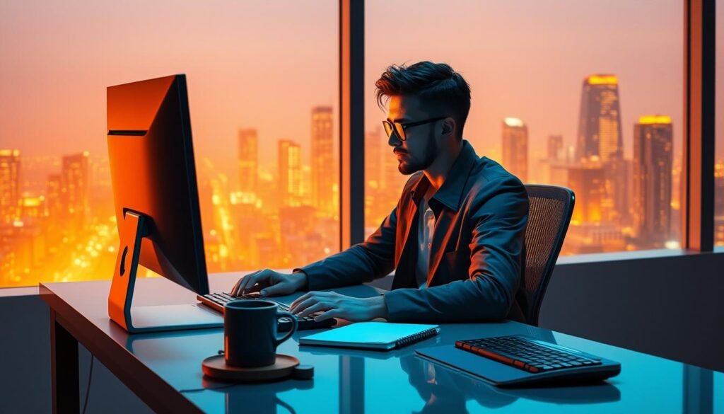 A professional entry-level cybersecurity analyst sits at a sleek, minimalist workstation, intently focused on a dual-monitor setup. The lighting is warm and ambient, creating a focused, almost meditative atmosphere. The desk is uncluttered, save for a cup of coffee, a notebook, and a keyboard - the tools of the trade. In the background, a stylized, low-poly city skyline fills the window, hinting at the broader context of the cybersecurity industry. The overall impression is one of a driven, capable individual poised to embark on a rewarding career in the dynamic field of cybersecurity, despite a lack of prior experience.