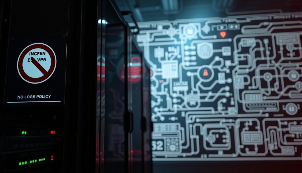 A professional-grade VPN server, its hardware and software stacks optimized for security and privacy. In the foreground, a sleek server rack with a no-logs policy policy prominently displayed on its glossy facade, conveying the server's commitment to user privacy. The middle ground features intricate network diagrams and encryption protocols, highlighting the technical prowess underlying the secure VPN infrastructure. The background is shrouded in a moody, high-contrast lighting, casting an air of mystery and protection over the scene. The overall impression is one of a well-engineered, enterprise-grade VPN solution that prioritizes the user's online safety and confidentiality.