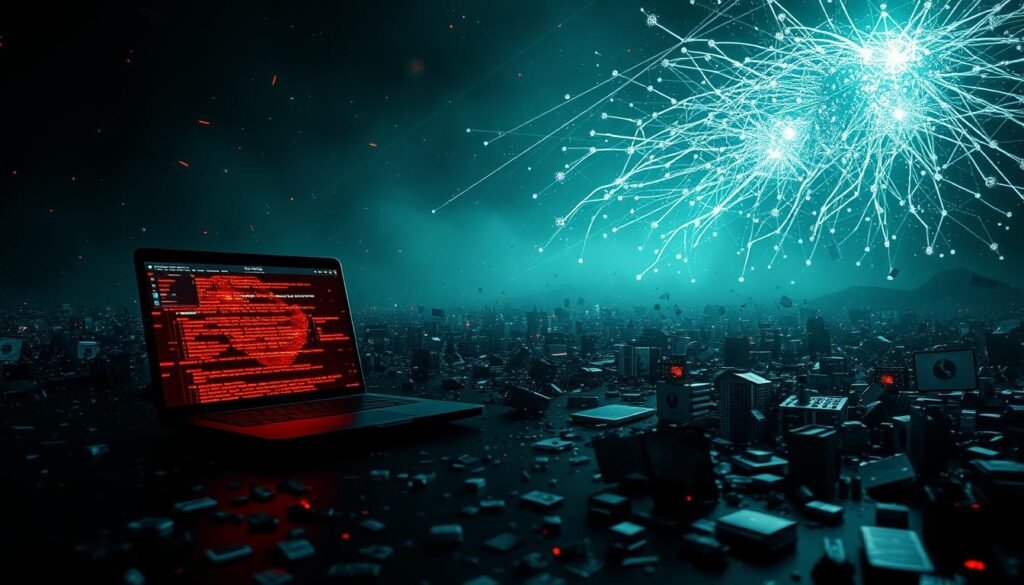 A rapidly shifting digital landscape, a sea of fragmented data swirling in an eerie glow. In the foreground, a lone laptop screen flickers ominously, its contents disrupted by a relentless cyber attack. The middle ground is shrouded in a haze of uncertainty, with scattered files and glitching interfaces hinting at the chaos unfolding. In the background, a distorted network of connections pulses with an unsettling energy, reflecting the profound sense of vulnerability and loss of control. Dramatic chiaroscuro lighting casts deep shadows, emphasizing the gravity of the situation. This is a scene of technological upheaval, where the familiar has been shattered, and the future remains uncertain.