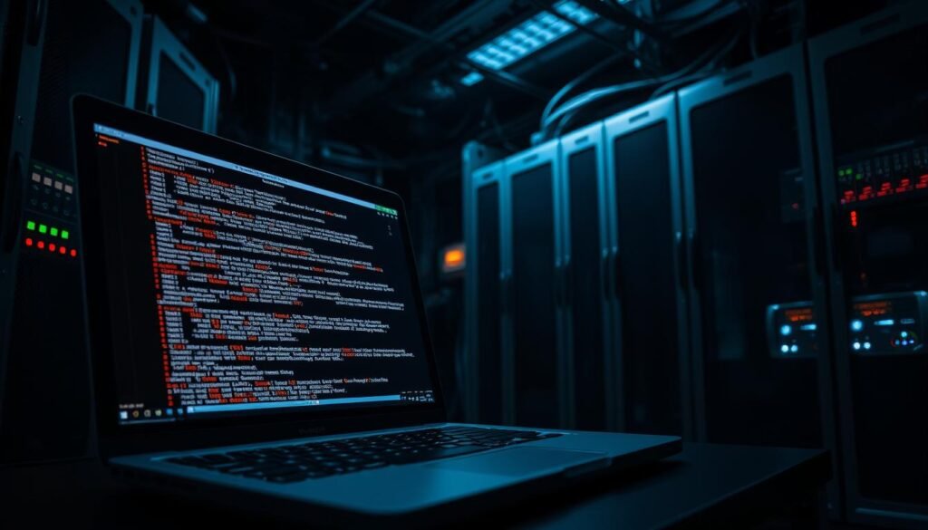 A real-world network server room with a sophisticated cyberattack unfolding. In the foreground, a laptop screen displays complex lines of code, indicating a stealthy malware infiltration. Servers and networking equipment occupy the middle ground, their blinking lights and sleek metallic casings hinting at the advanced infrastructure. The background is dimly lit, casting ominous shadows and creating an atmosphere of technological tension. Dramatic lighting accentuates the severity of the situation, with strategic use of chiaroscuro to heighten the sense of urgency. The overall scene conveys the gravity of a fileless malware attack that has evaded traditional antivirus defenses, highlighting the need for more robust, adaptive security measures.