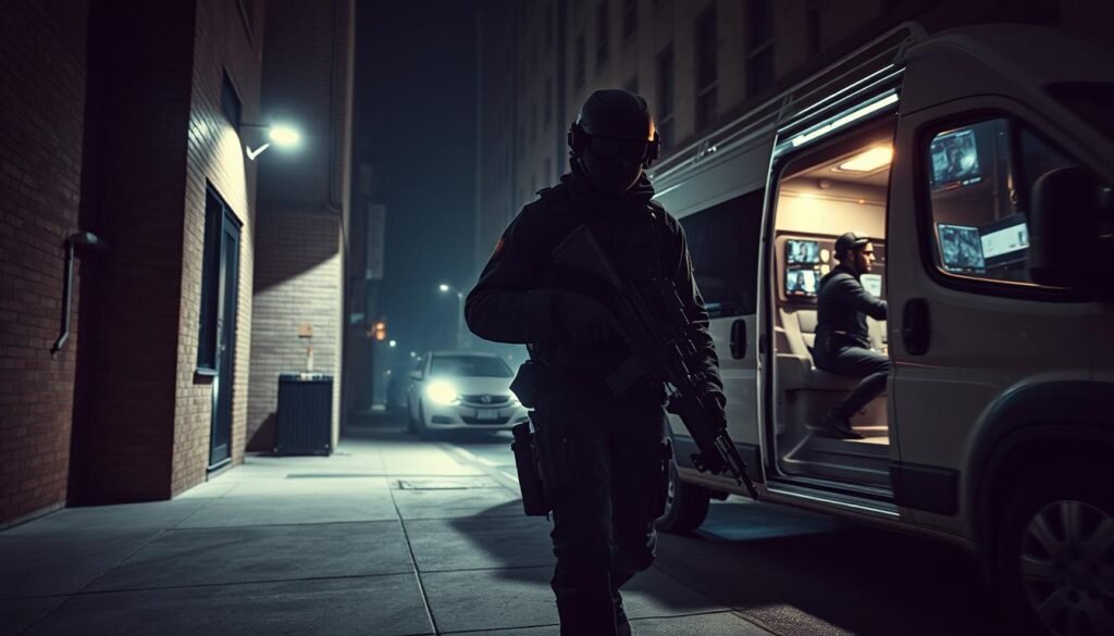 A realistic and gritty scene of a red team conducting a physical security assessment. In the foreground, a team member in tactical gear cautiously approaches a building, carrying specialized tools and equipment. In the middle ground, another team member monitors surveillance feeds from a nearby van, vigilantly scanning for any security vulnerabilities. The background is a dimly lit urban setting, with shadows and low lighting creating an atmosphere of tension and stealth. The lighting is dramatic, with shadows and highlights emphasizing the seriousness of the task at hand. The camera angle is low, giving a sense of urgency and immediacy to the scene.