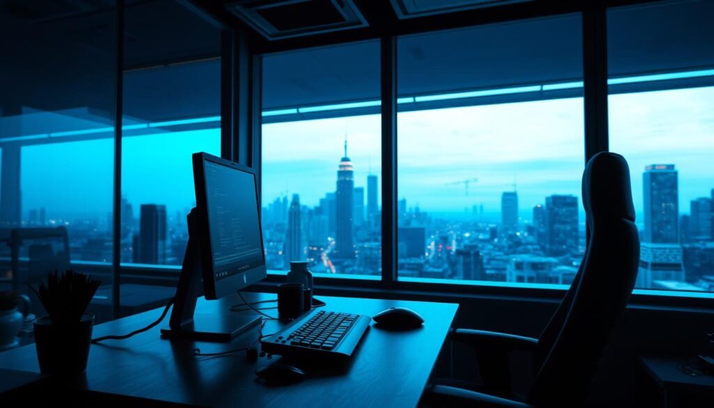 A remote office workspace bathed in a cool, blue-tinted lighting, with a desktop computer, keyboard, and mouse set against a backdrop of a city skyline seen through a large window. The atmosphere is tense, with a sense of unease and vulnerability, as if the serene scene could be disrupted by unseen cyber threats lurking in the digital shadows. Subtle glitches and digital distortions suggest the fragility of this remote connection, highlighting the need for robust security measures to protect sensitive information and maintain productivity in the face of evolving cyber risks. A remote office workspace bathed in a cool, blue-tinted lighting, with a desktop computer, keyboard, and mouse set against a backdrop of a city skyline seen through a large window. The atmosphere is tense, with a sense of unease and vulnerability, as if the serene scene could be disrupted by unseen cyber threats lurking in the digital shadows. Subtle glitches and digital distortions suggest the fragility of this remote connection, highlighting the need for robust security measures to protect sensitive information and maintain productivity in the face of evolving cyber risks.