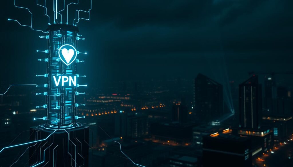 A secure VPN network, with a tower of encrypted data packets flowing through various nodes. The foreground features a sleek, futuristic VPN icon, glowing with a pulsing digital energy. The middle ground showcases a complex web of interconnected lines and shapes, representing the intricacies of a robust cybersecurity infrastructure. In the background, a dimly lit cityscape sets the tone, hinting at the importance of protecting sensitive information in the digital age. The lighting is dramatic, with subtle rays of light piercing through the shadows, creating a sense of depth and mystery. The overall composition conveys a strong message of security, privacy, and the importance of safeguarding sensitive data.