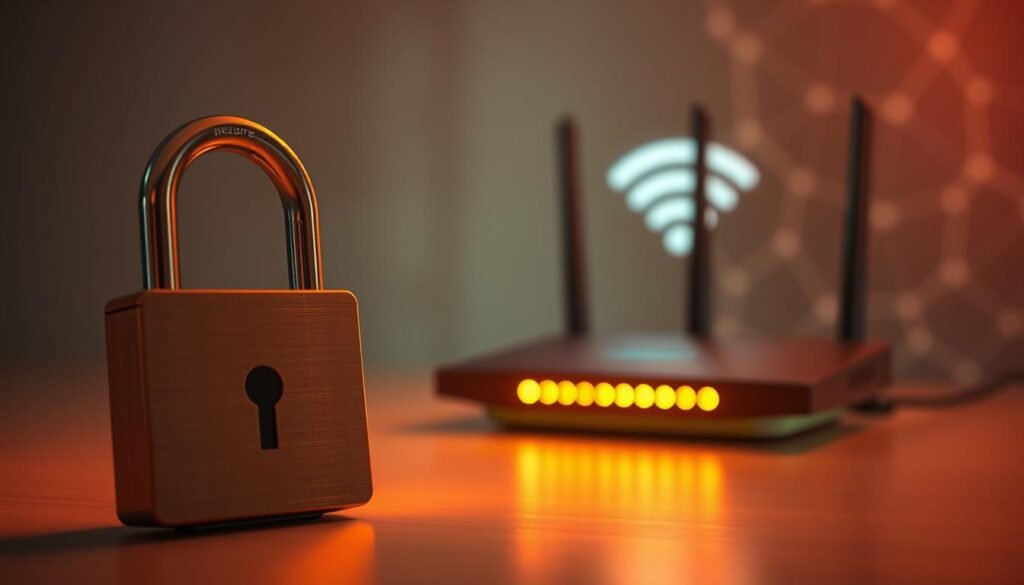 A secure Wi-Fi network with strong encryption, illuminated by warm, soft lighting. In the foreground, a padlock icon symbolizes the encrypted connection, its metallic surface reflecting the ambient glow. The middle ground features a router, its angular design and subtle LED indicators conveying a sense of modern, functional technology. In the background, a subtle wireframe mesh or grid pattern suggests the invisible web of data transmission, underscoring the importance of encryption for safeguarding digital communications in the home. A secure Wi-Fi network with strong encryption, illuminated by warm, soft lighting. In the foreground, a padlock icon symbolizes the encrypted connection, its metallic surface reflecting the ambient glow. The middle ground features a router, its angular design and subtle LED indicators conveying a sense of modern, functional technology. In the background, a subtle wireframe mesh or grid pattern suggests the invisible web of data transmission, underscoring the importance of encryption for safeguarding digital communications in the home.
