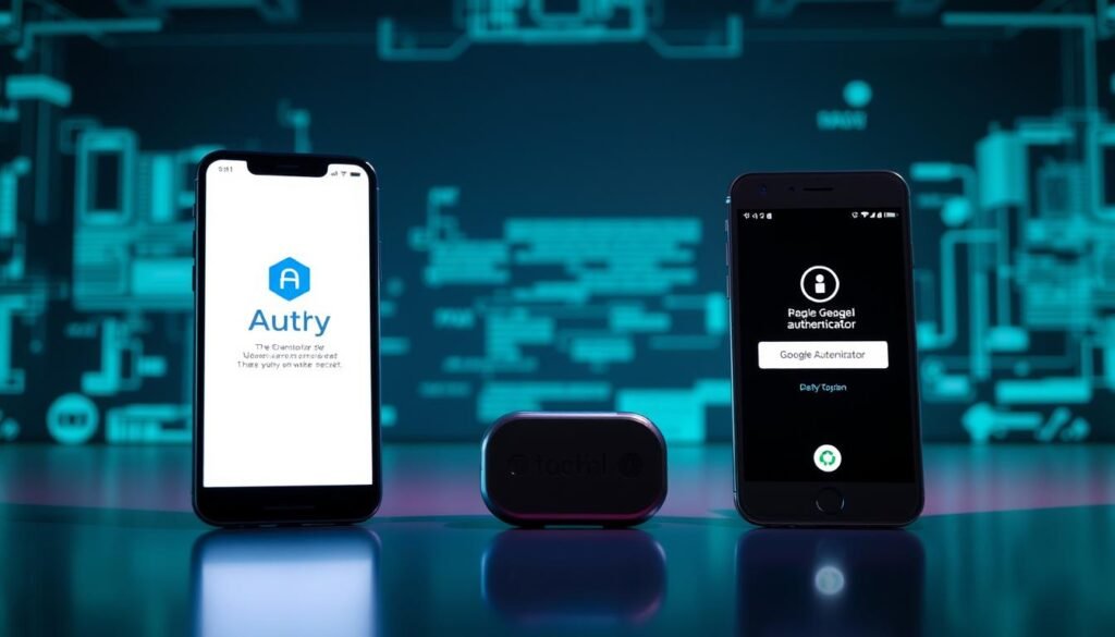 A secure and intuitive two-factor authentication system. In the foreground, two smartphones displaying authentication app screens, one showcasing Authy and the other Google Authenticator. In the middle ground, a subtle, glowing security token device. The background features a minimalist, teal-hued digital interface, conveying the modern, technological nature of the scene. Bright, directional lighting illuminates the devices, casting shadows that add depth and dimensionality. The overall mood is one of sleek, sophisticated digital security, perfect for illustrating the section on two-factor authentication in the real world.