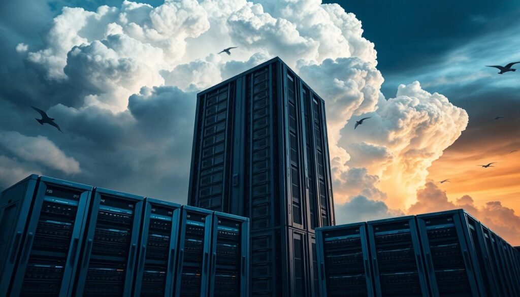 A secure cloud storage facility set against a dramatic sky. In the foreground, a series of sleek, titanium-clad servers stand sentinel, their LED status lights blinking rhythmically. Towering in the middle ground, a massive data center looms, its facade adorned with intricate cooling systems and access panels. The background is dominated by a billowing, ominous thundercloud, its edges tinged with a foreboding golden glow, hinting at the importance of safeguarding this digital haven from the forces of technological chaos. The entire scene is bathed in a cool, technical light, conveying a sense of resilience and vigilance in the face of potential misconfigurations. A secure cloud storage facility set against a dramatic sky. In the foreground, a series of sleek, titanium-clad servers stand sentinel, their LED status lights blinking rhythmically. Towering in the middle ground, a massive data center looms, its facade adorned with intricate cooling systems and access panels. The background is dominated by a billowing, ominous thundercloud, its edges tinged with a foreboding golden glow, hinting at the importance of safeguarding this digital haven from the forces of technological chaos. The entire scene is bathed in a cool, technical light, conveying a sense of resilience and vigilance in the face of potential misconfigurations.
