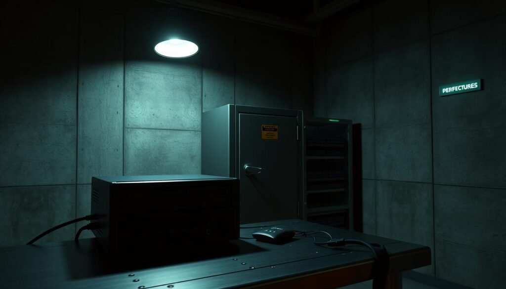 A secure data transfer station set in a dimly lit, high-security environment. In the foreground, a sturdy metal desk with a top-loading disc drive, USB ports, and a biometric scanner. Overhead, a directional spotlight casts a focused beam, illuminating the workstation. In the middle ground, a reinforced cabinet with tamper-evident seals, housing additional storage media. The background features a textured concrete wall, with the faint glow of status LEDs and a security camera discreetly mounted. The atmosphere conveys a sense of strict control and digital fortress-like protection for sensitive information.