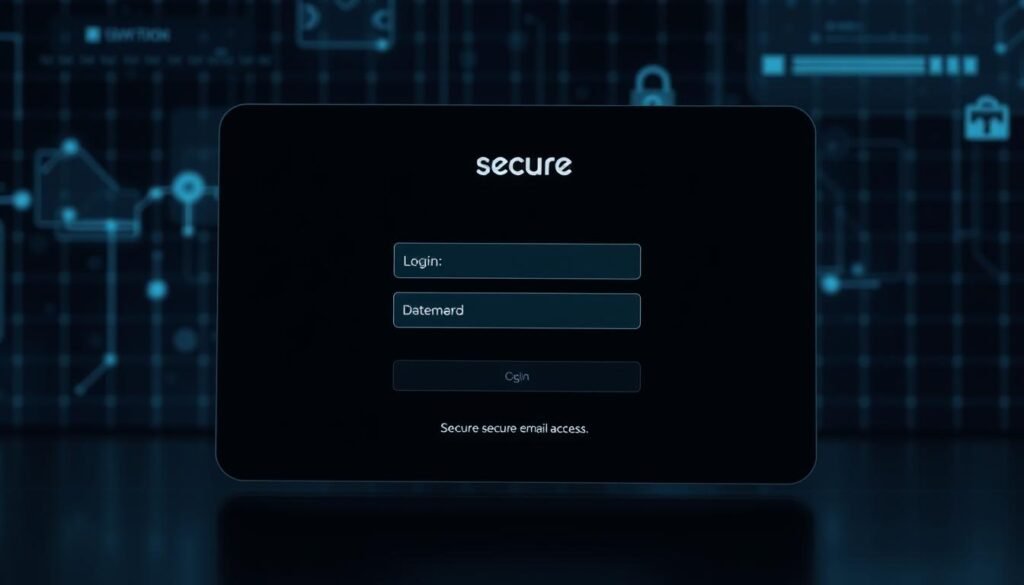 A secure email access interface with a login screen featuring a minimalist, high-contrast design. The user is presented with a sleek, modern login form on a dark background, accentuated by soft ambient lighting. The login fields and buttons are clean and intuitive, conveying a sense of digital security. In the background, a subtle grid pattern or abstract shapes suggest a secure network infrastructure. The overall aesthetic is professional, elegant, and evokes a heightened level of digital privacy and protection. A secure email access interface with a login screen featuring a minimalist, high-contrast design. The user is presented with a sleek, modern login form on a dark background, accentuated by soft ambient lighting. The login fields and buttons are clean and intuitive, conveying a sense of digital security. In the background, a subtle grid pattern or abstract shapes suggest a secure network infrastructure. The overall aesthetic is professional, elegant, and evokes a heightened level of digital privacy and protection.