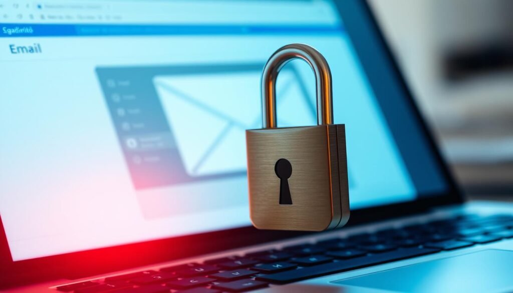 A secure email account with a padlock icon, displayed prominently against a blurred background of a laptop screen. The padlock is rendered in a metallic finish, casting subtle shadows. The screen behind the padlock shows a clean, minimalist email interface, with no distracting elements. Soft, directional lighting illuminates the padlock, creating a sense of focus and importance. The overall mood is one of security, control, and confidence in the protection of one's digital communications.