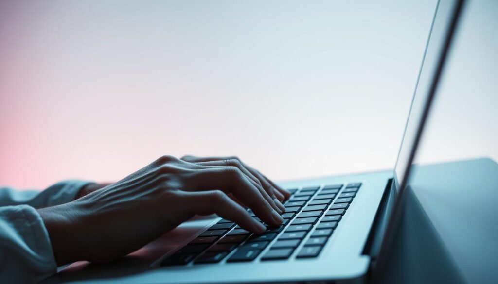 A secure email interface with a sleek, minimalist design. In the foreground, a user's hands typing on a keyboard, conveying the action of locking down a hacked account. The background features a serene, pastel-toned gradient, with subtle encrypted data patterns in the periphery, symbolizing the digital security measures. The lighting is soft and diffused, creating a calming atmosphere. The camera angle is slightly elevated, providing a sense of control and confidence in the user's actions. The overall mood is one of focused determination and reassurance, reflecting the process of regaining control of a compromised email account.
