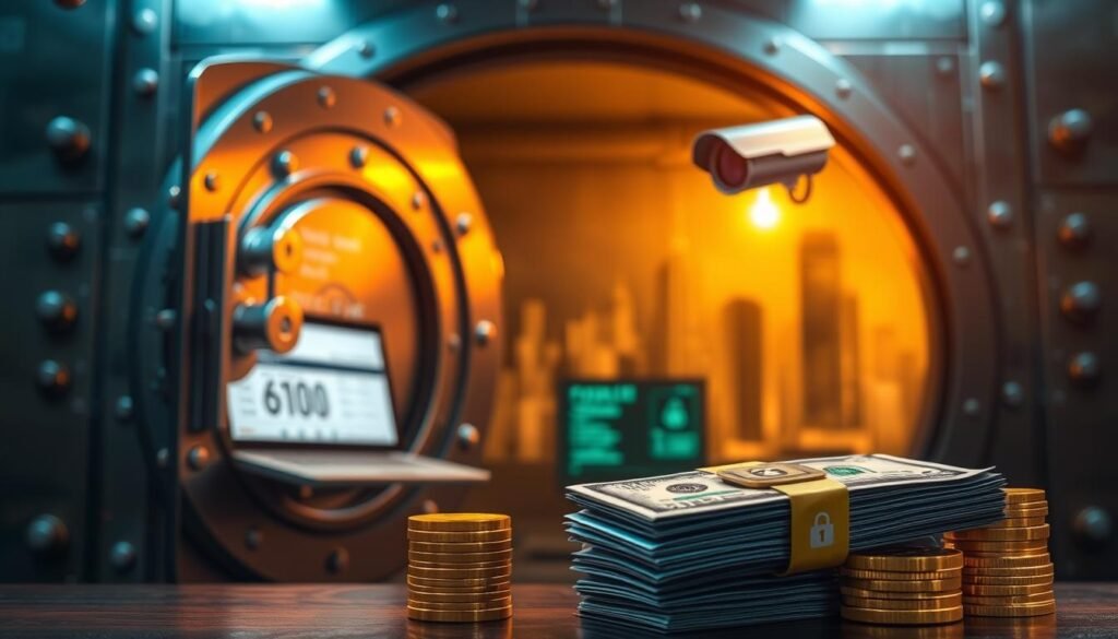 A secure vault with heavy steel doors, illuminated by warm, focused lighting. In the foreground, a stack of gold coins and crisp dollar bills, guarded by a biometric lock and security camera. In the middle ground, a sleek, modern computer terminal displaying account balances and transaction history. The background features a stylized cityscape, hinting at the importance of protecting one's financial assets in an increasingly digital world. The overall atmosphere conveys a sense of safety, stability, and the gravity of safeguarding one's money and identity.