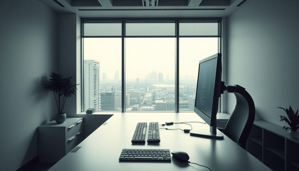 A secure, well-lit computer workstation in a modern, minimalist office setting. The desk is clean and organized, with a sleek monitor, keyboard, and mouse. The background features a large window overlooking a serene urban landscape, allowing natural light to flood the space. The atmosphere is calm and professional, with muted colors and a sense of order and control. The camera angle is slightly elevated, creating a sense of authority and focus. The overall impression is one of a safe, productive, and distraction-free environment, ideal for analyzing malware samples with utmost care and attention to detail.