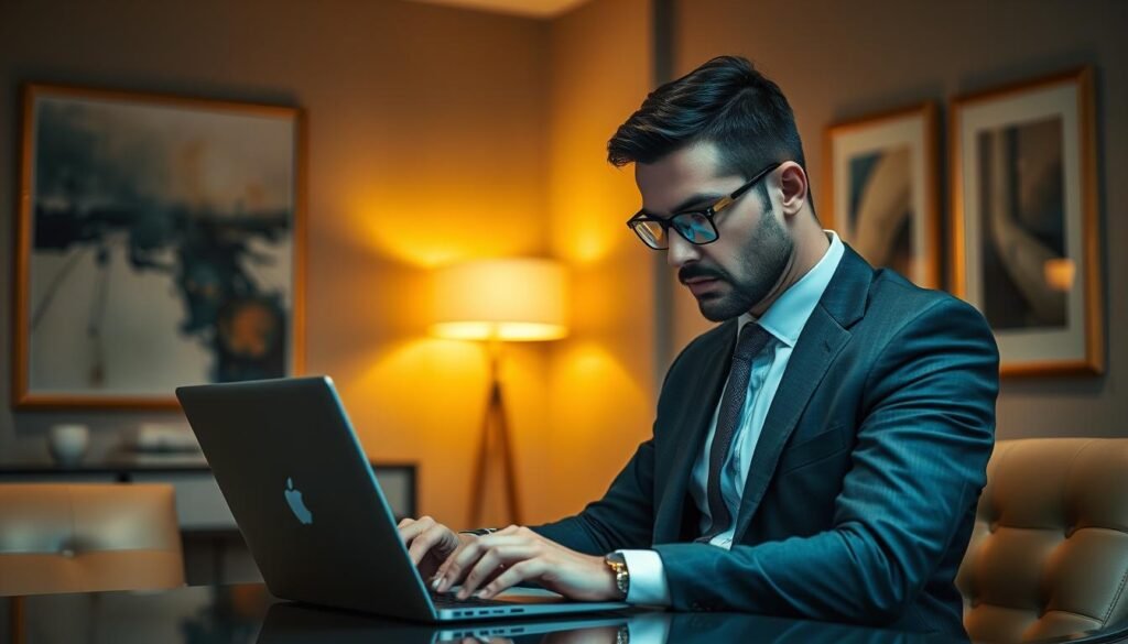 A security consultant in a sophisticated office, dressed in a tailored suit, examining a laptop intently under the warm glow of a desk lamp. Sleek, modern furniture and abstract art adorn the tasteful, minimalist space, exuding an air of professionalism and authority. The consultant's brow is furrowed in concentration, their body language conveying a sense of focused problem-solving as they delve into the intricacies of cybersecurity. The scene is captured with a shallow depth of field, drawing the viewer's attention to the consultant's methodical analysis of the digital landscape. A security consultant in a sophisticated office, dressed in a tailored suit, examining a laptop intently under the warm glow of a desk lamp. Sleek, modern furniture and abstract art adorn the tasteful, minimalist space, exuding an air of professionalism and authority. The consultant's brow is furrowed in concentration, their body language conveying a sense of focused problem-solving as they delve into the intricacies of cybersecurity. The scene is captured with a shallow depth of field, drawing the viewer's attention to the consultant's methodical analysis of the digital landscape.