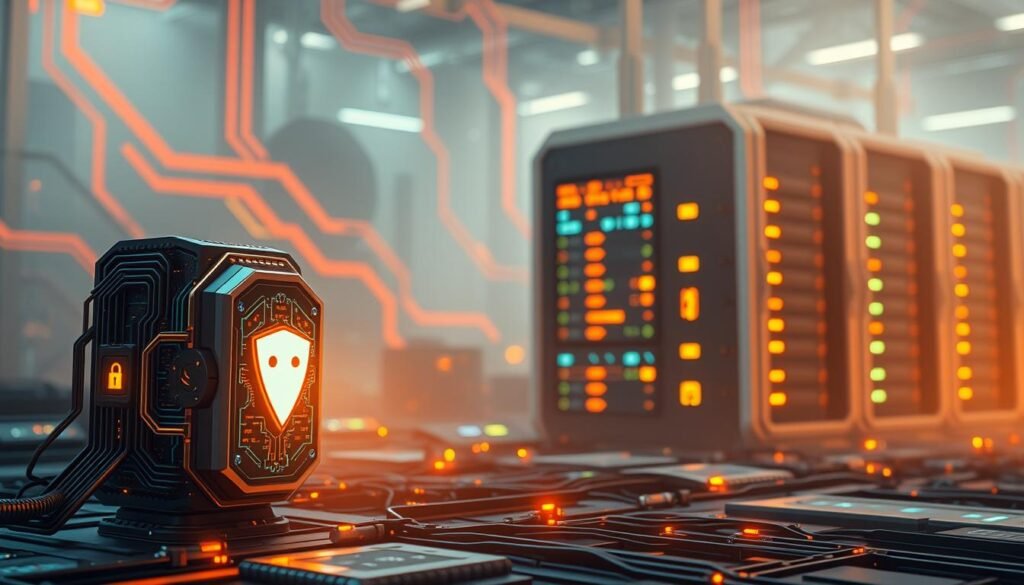 A security-focused digital landscape, illuminated by a warm glow. In the foreground, a sleek, modern firewall stands vigilant, its intricate circuitry pulsing with protective energy. Beside it, a powerful malware scanner meticulously scans for threats, its display offering a reassuring overview of the site's security status. In the middle ground, a robust backup system stands ready, its storage drives glowing with the reassurance of data protection. In the background, a secure server rack, its servers humming with the steady rhythm of a well-guarded site. The scene conveys a sense of layered, comprehensive protection, ready to safeguard the digital realm.