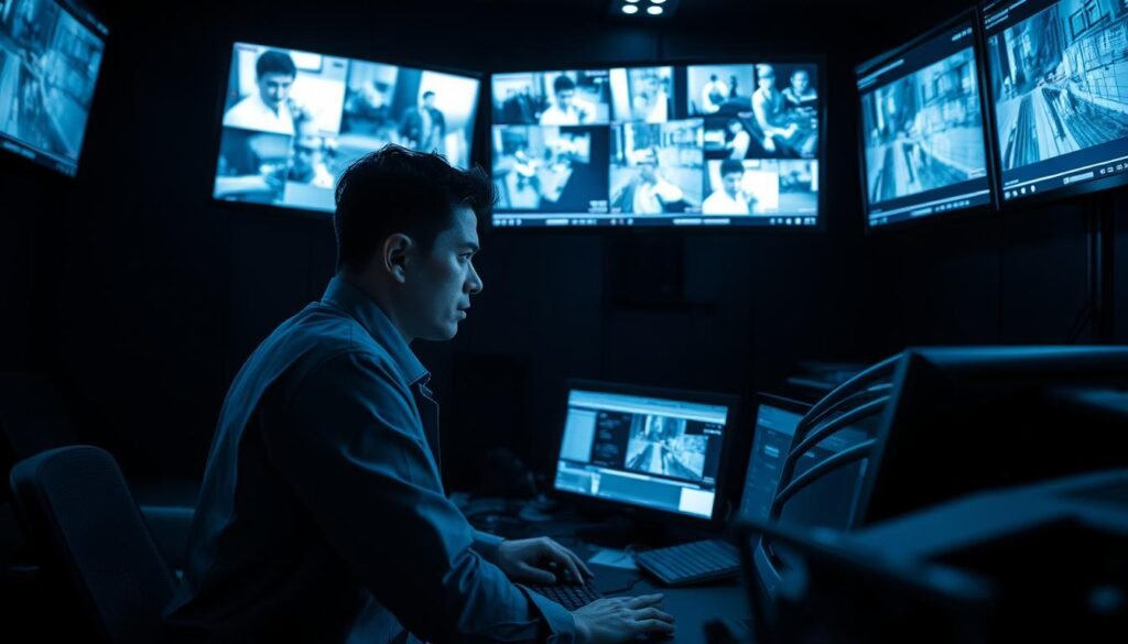 A security guard diligently monitoring multiple screens displaying CCTV footage, their expression focused as they meticulously analyze the data. The environment is a dimly lit control room, the soft glow of the displays casting a subtle hue across the scene. Sleek, modern equipment populates the desk, creating a sense of technological sophistication. The guard's posture is upright, their movements precise, reflecting the gravity of their role in maintaining physical security. The atmosphere conveys a palpable sense of vigilance and professionalism, underscoring the importance of effective detection and response measures.