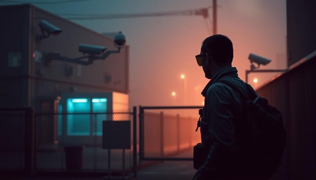 A security professional conducting a scoping mission, assessing the physical security measures of a target facility. The scene depicts the individual cautiously surveying the perimeter, studying the layout, security cameras, and access points with a keen eye. Subtle lighting casts long shadows, creating an atmosphere of careful observation and strategic analysis. The image conveys a sense of focus, attention to detail, and a methodical approach to understanding the security landscape, all essential elements of a successful physical security assessment.