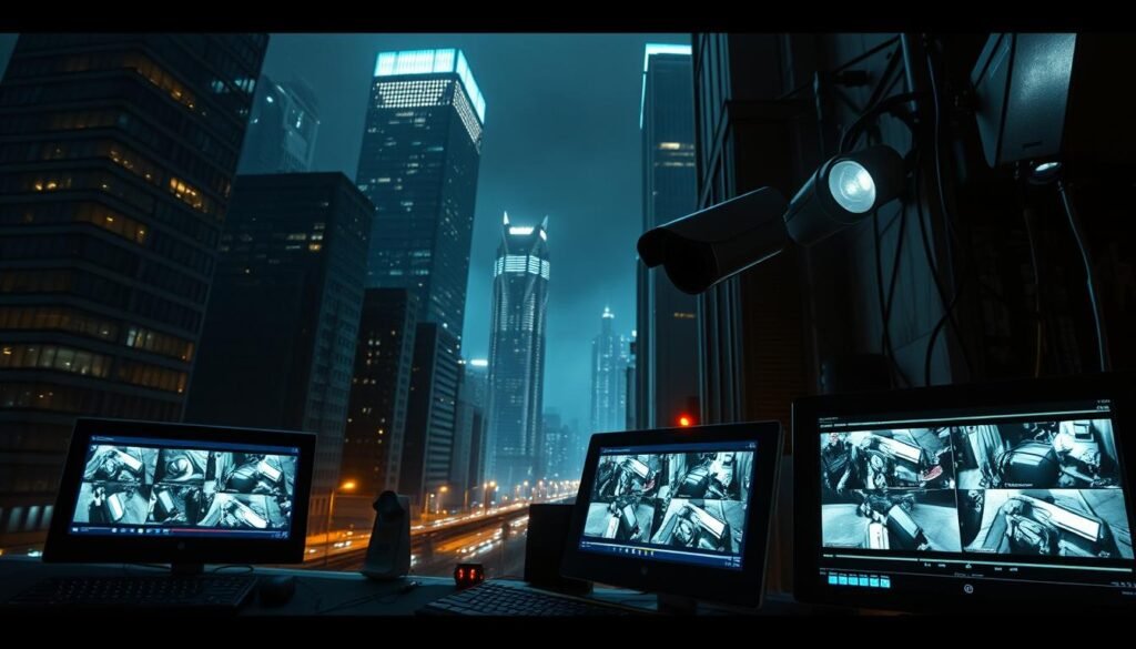 A security system with high-tech surveillance cameras and motion sensors, set against a dimly lit urban backdrop. Towering skyscrapers loom in the distance, their windows reflecting the glow of streetlights. The foreground features a sleek, modern security console, its screens displaying live feeds from various vantage points. The scene conveys a sense of vigilance and control, with the security measures in place to safeguard against potential threats. The lighting is dramatic, casting long shadows and highlighting the technological components. An atmosphere of tension and unease permeates the image, suggesting the need for constant vigilance.