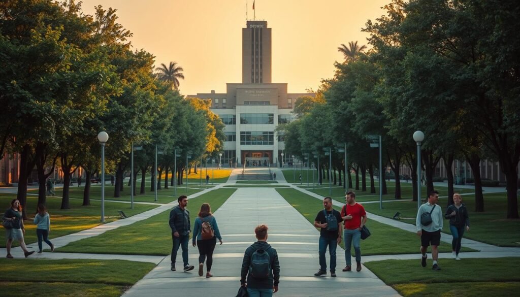 A serene campus landscape with a central educational pathway leading to a modern university building. The path is flanked by lush trees and greenery, conveying a sense of growth and opportunity. Warm afternoon sunlight casts a soft, inviting glow over the scene. In the foreground, students of diverse backgrounds are engaged in lively discussions, representing the inclusive nature of the educational experience. The middle ground features signposts and directional markers, guiding visitors through the various academic programs and career possibilities. In the background, a towering library or administrative building stands as a symbol of the institution's prestige and resources dedicated to supporting student success.