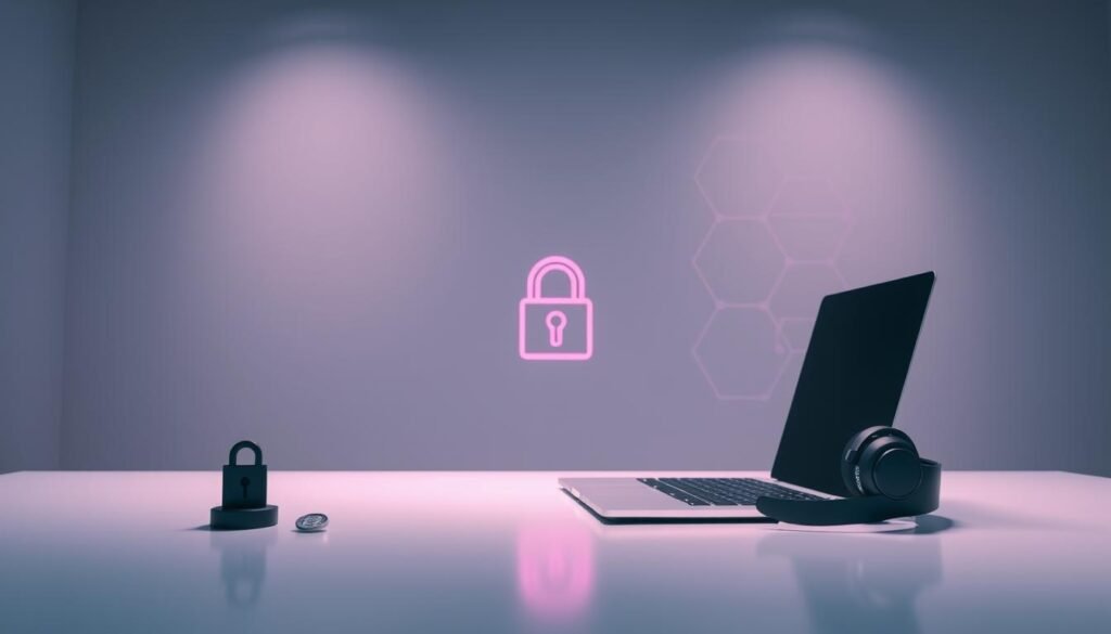 A serene, minimalist office scene, bathed in soft, diffused lighting. In the foreground, a sleek laptop stands alongside a security token and a pair of privacy-focused wireless headphones. The middle ground features a stylized lock icon, symbolizing data protection. In the background, a subtle, abstract pattern of interlocking geometric shapes suggests the complex web of digital security. The overall atmosphere conveys a sense of privacy, confidentiality, and technological sophistication. A serene, minimalist office scene, bathed in soft, diffused lighting. In the foreground, a sleek laptop stands alongside a security token and a pair of privacy-focused wireless headphones. The middle ground features a stylized lock icon, symbolizing data protection. In the background, a subtle, abstract pattern of interlocking geometric shapes suggests the complex web of digital security. The overall atmosphere conveys a sense of privacy, confidentiality, and technological sophistication.